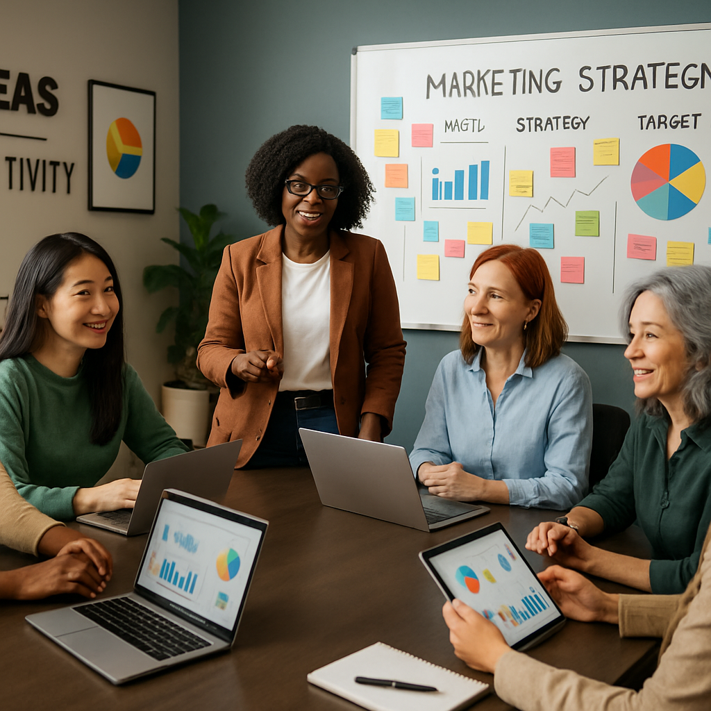 A diverse group of professionals predominantly women are engaged in a collaborative meeting around a sleek oval table Laptops and digital tablets are-1